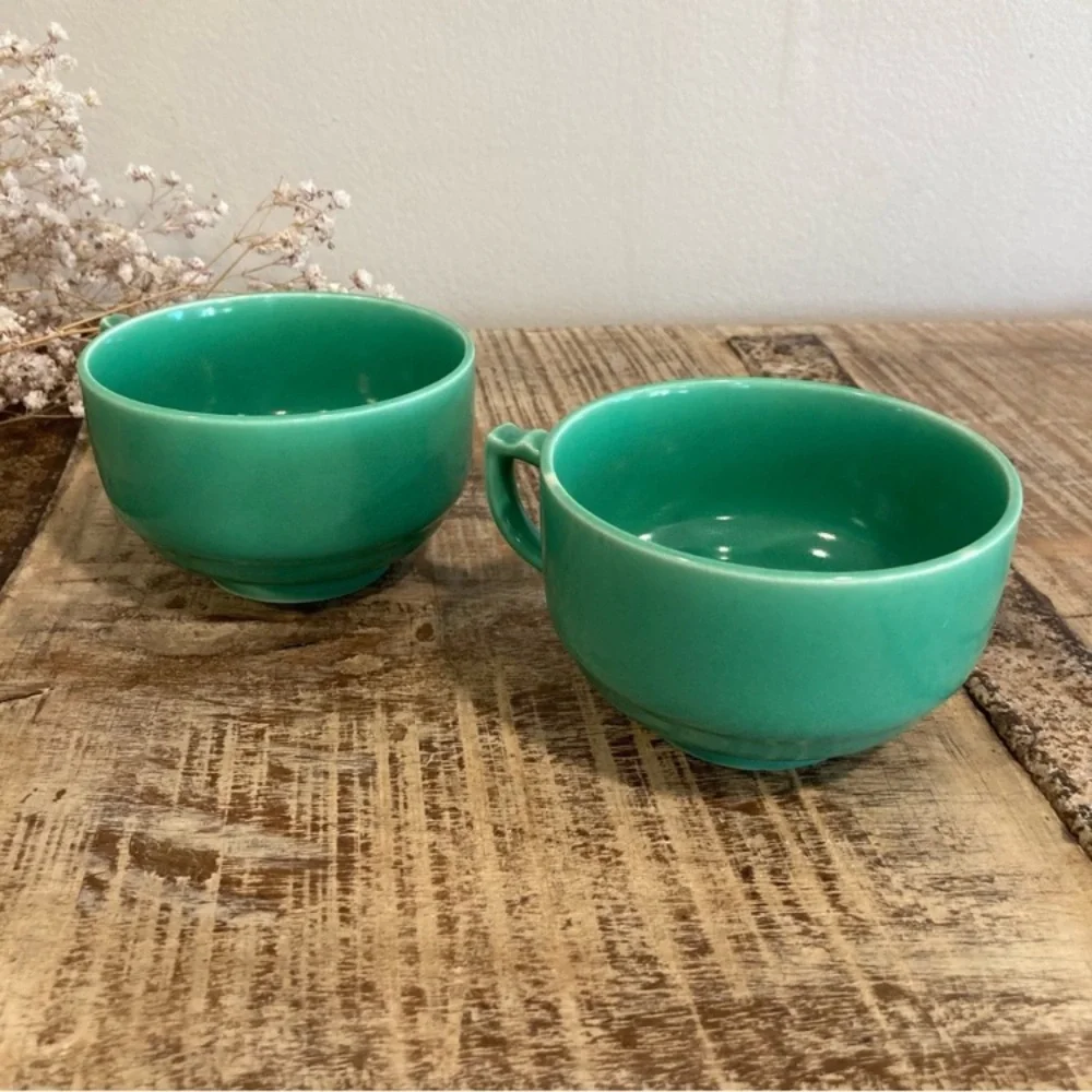 2 Homer Laughlin Riviera Light Green Art Deco Tea Cups Vintage - Picture 10 of 12